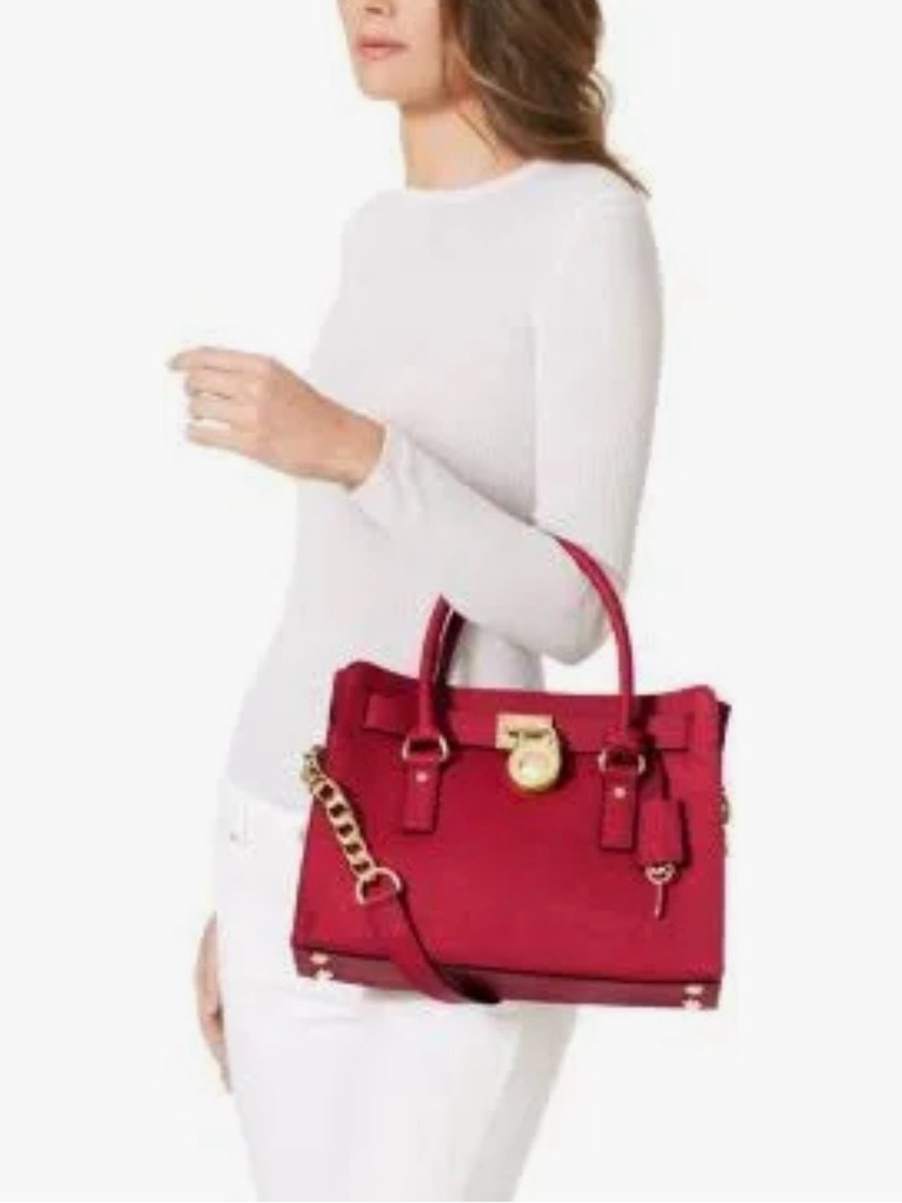 Michael Kors Hamilton Saffiano Leather Satchel Cherry Red with Gold-Tone Lock - Picture 2 of 9